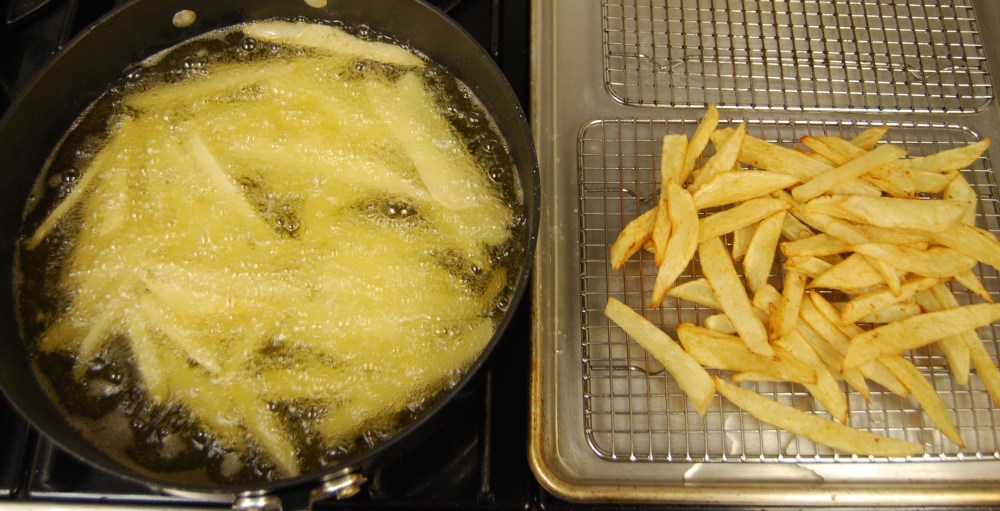 Fries in the pan on the tray