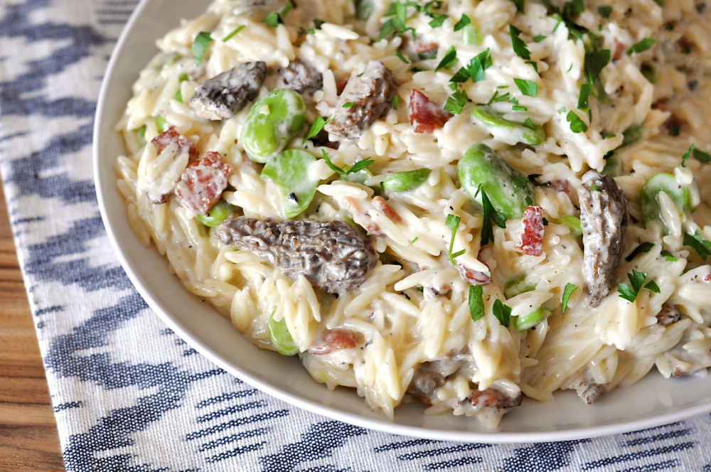 orzo-with-bacon-morels-fava-beans-recipe