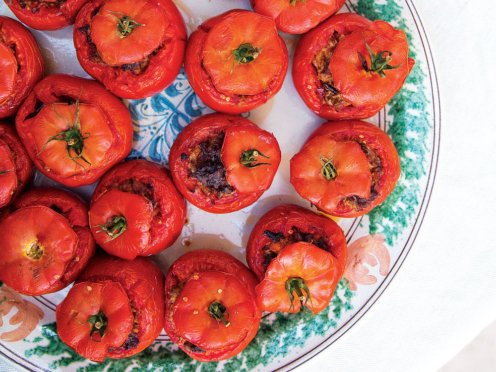 Saveur photo by Michelle Heimerman Tomatoes Stuffed with Foie Gras, Duck Confit, and Chanterelles (Tomates Farcies)