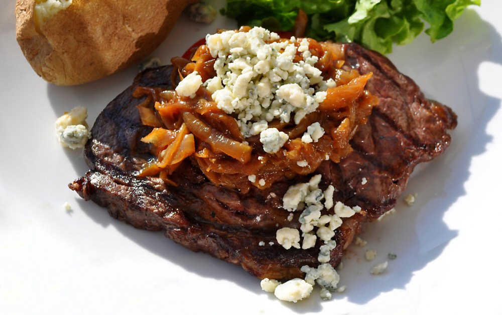 grilled-buffalo-rib-eye-steak-with-onions-and-roquefort-recipe