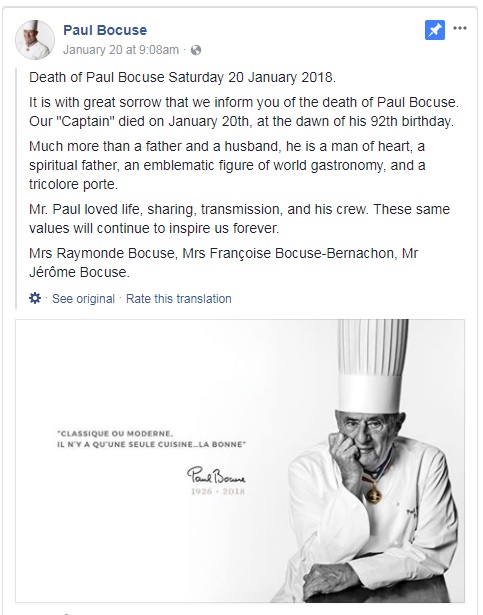 Paul Bocuse Death Announcement Facebook