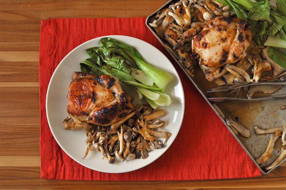 sheet-pan-poussin-with-miso-mushrooms