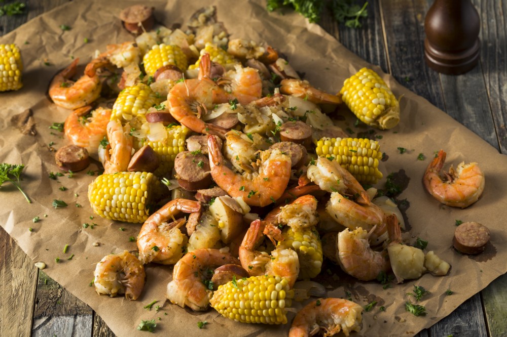 Homemade Traditional Cajun Shrimp Boil with Sausage Potato and Corn